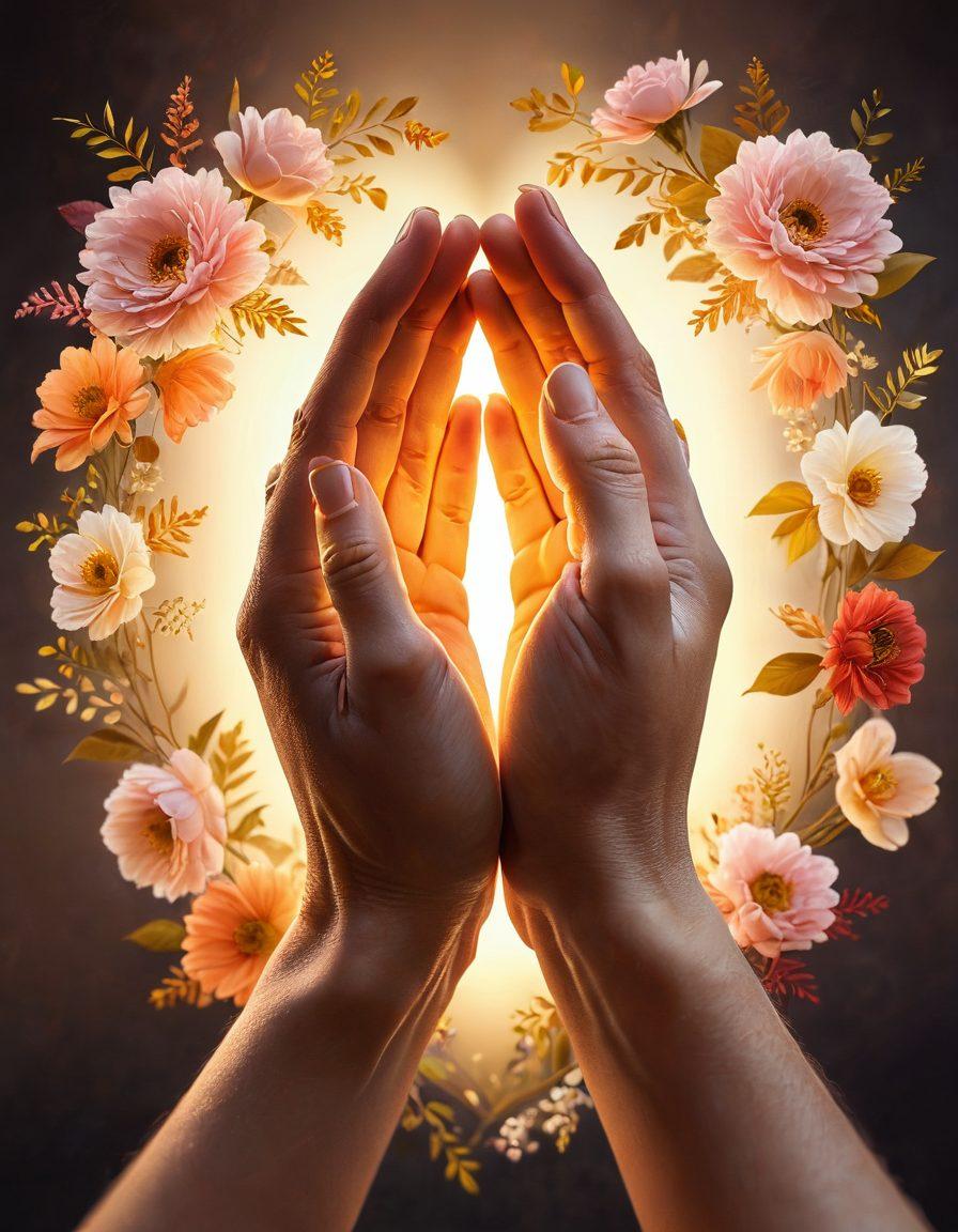 A tender scene of two hands gently intertwined, surrounded by soft, glowing light that represents warmth and trust. In the background, faded love letters and heart motifs symbolize deep emotional connections. The atmosphere should evoke feelings of intimacy and affection, with delicate flowers blooming around the hands. super-realistic. warm colors. soft focus.
