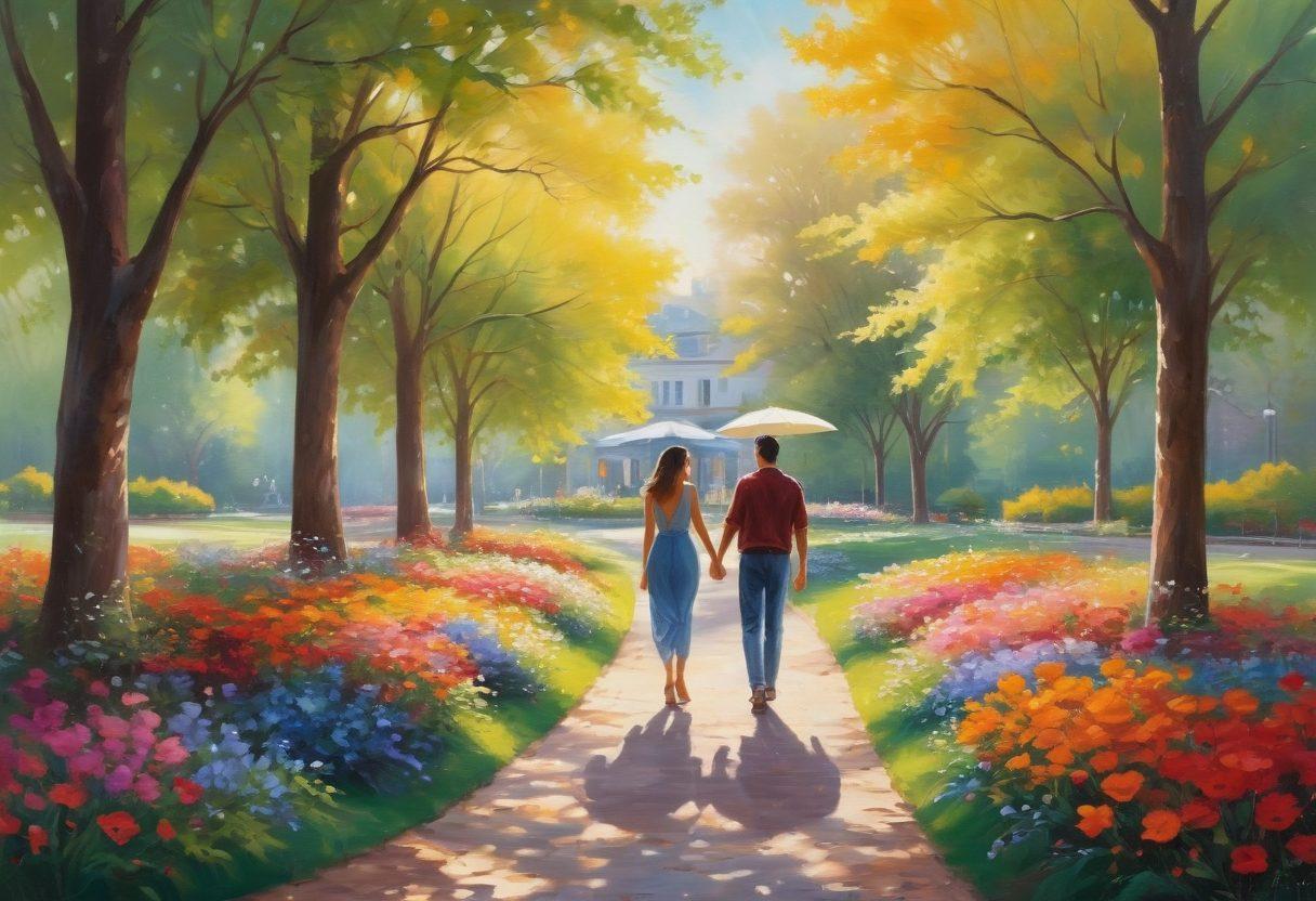 A serene scene depicting a couple walking hand in hand through a picturesque park, surrounded by blooming flowers and soft sunlight filtering through the trees. In the background, a cozy café appears, symbolizing connection and intimacy, while playful heart shapes subtly blend into the foliage. Illustrate emotions of joy and companionship, capturing the essence of love's journey. vibrant colors. painting.