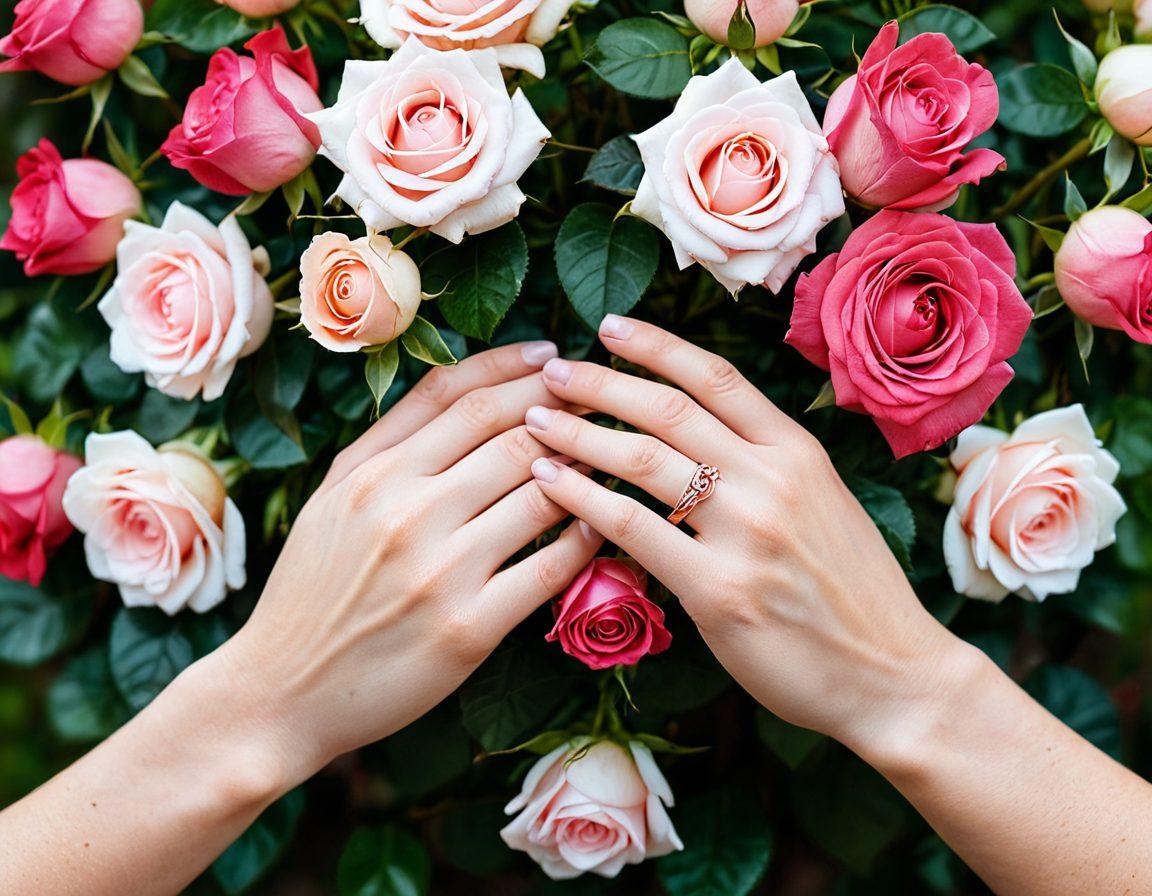 A serene scene of two intertwined hands with wedding bands, surrounded by blooming roses and soft light filtering through leaves, symbolizing love and connection. Background filled with gentle hues of pink and red, representing passion and romance. Include a subtle heart shape made with the surrounding flowers. super-realistic. vibrant colors. soft focus.